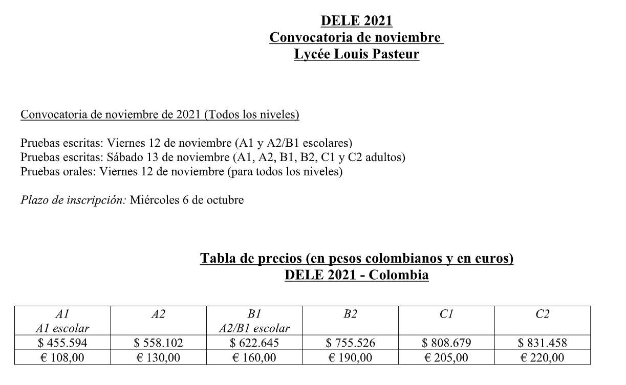 DELE2021 Tarifs