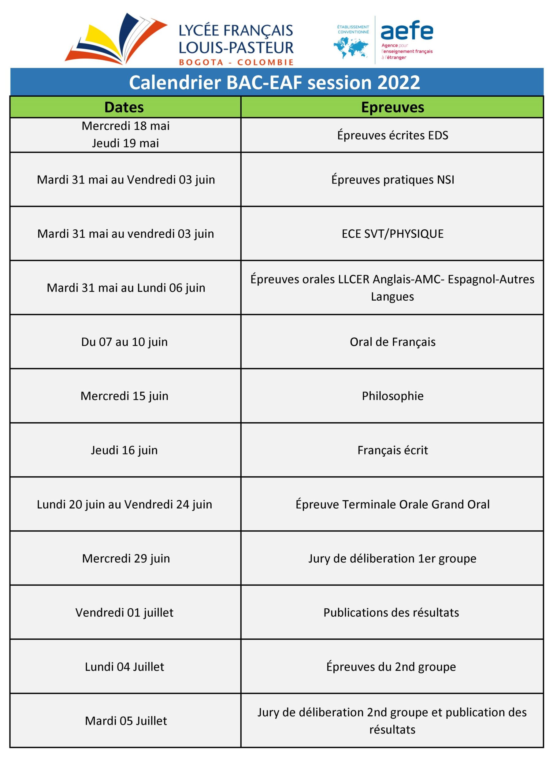 Calendrier BAC 2022