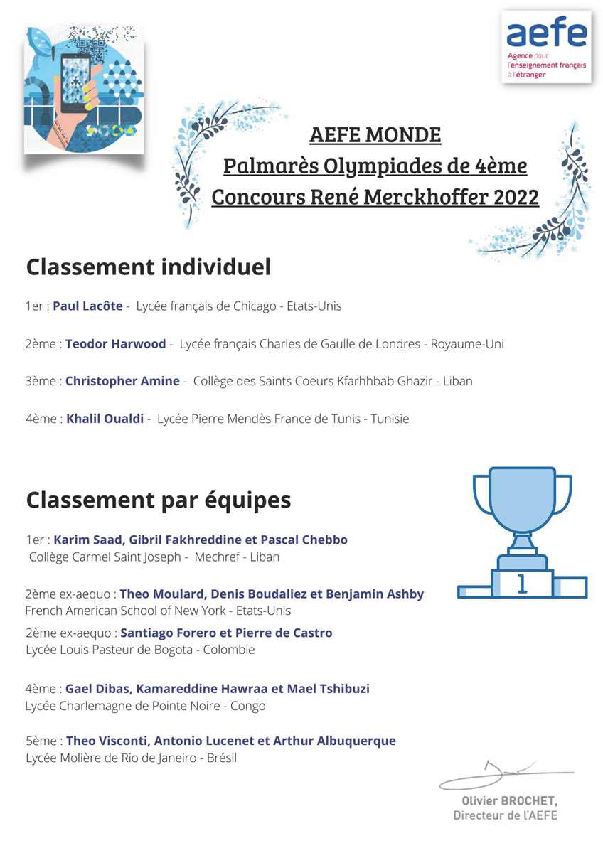 AEFE Palmarès Olympiades 4eme 2022 Liste