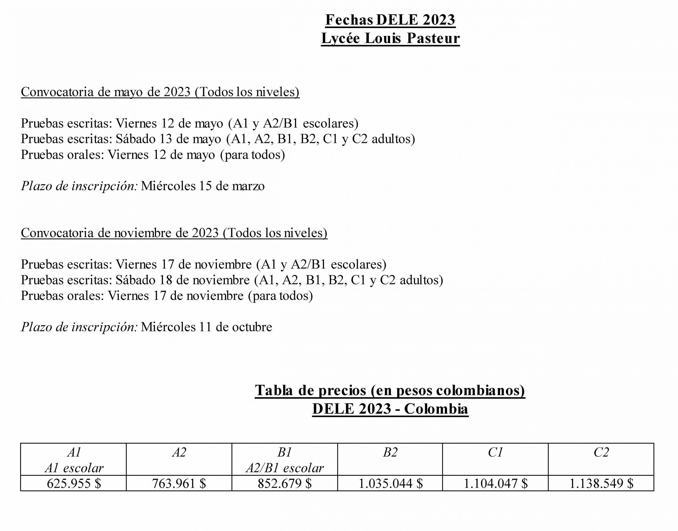 Fechas Y Tabla De Precios DELE 2023